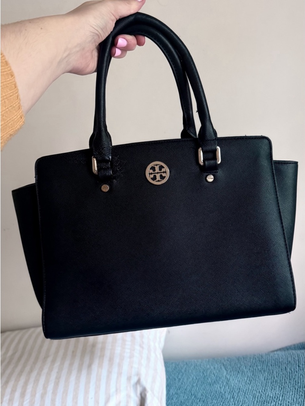 Tory Burch Black Saffiano Double-Handle Satchel with Gold Logo